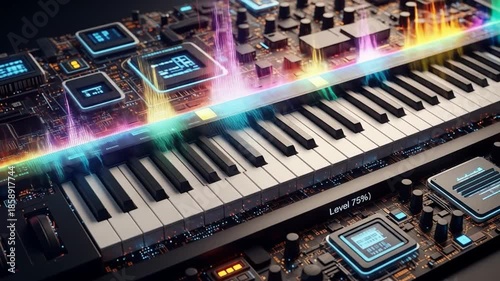 A close-up of a futuristic electronic keyboard with glowing blue circuits and rainbow-colored lights on a dark background. Perfect for technology, music production, and electronic design