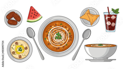 Ramadan Iftar Food Collection Illustration, Middle Eastern Cuisine Set with Lentil Soup, Hummus, Dates, Samosa and Iced Drink Vector