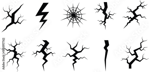  Crack silhouettes collection with broken wall effects, lightning bolt and spiderweb shapes, damaged texture vector elements for horror design, earthquake destruction graphics