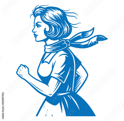 blue illustration of a woman with a scarf running with her fist clenched