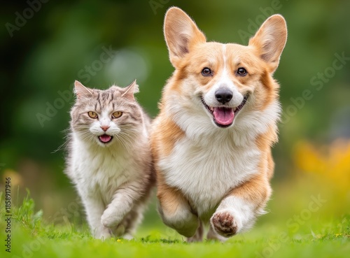 Happy cat and dog running together in vibrant green grass