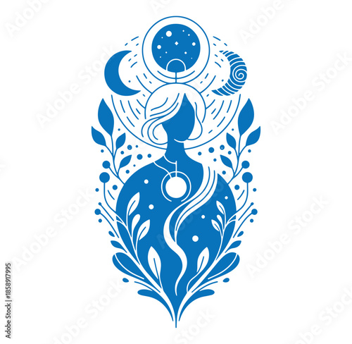 blue illustration of woman with long hair and planets in space isolated on white background