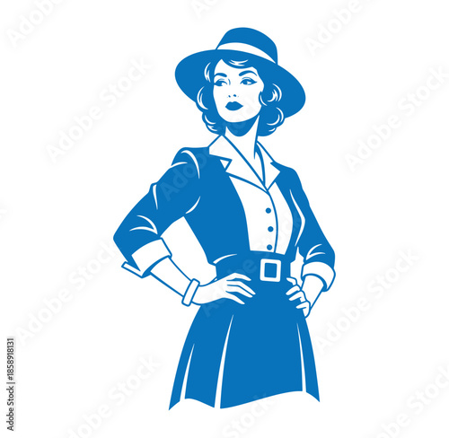 illustration of a woman wearing a hat and coat with hands on hips in blue
