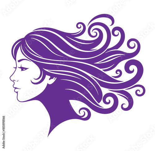 Purple silhouette of a woman with flowing long hair blowing in the wind side profile