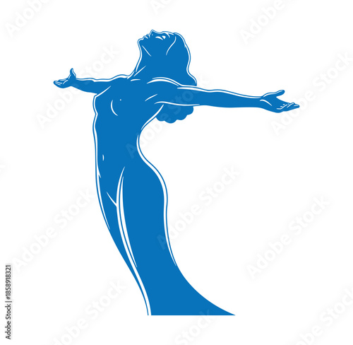 Woman in blue silhouette standing with arms outstretched and head tilted back isolated on white background