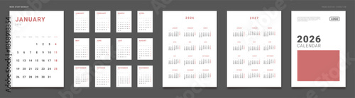 2026 Calendar Planner Set of Template Monthly Pages, Cover with Place for Photo, Company Logo, Annual 2026, 2027. Vector layout grid vertical of wall or desk organizer Week start Monday. Page A4 print