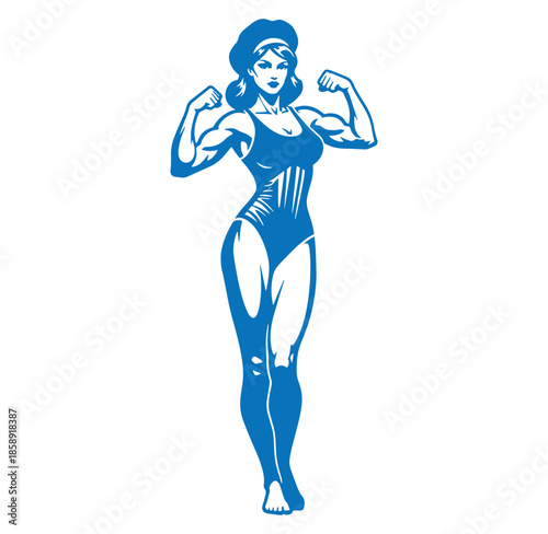 woman in blue swimsuit showing off her muscles and flexing her arms in a confident pose