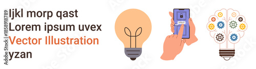 Innovation, creativity, technology, mobile interaction, ideas, engineering solutions. Light bulb, hand using smartphone and gear-themed bulb. Innovation and creativity concept