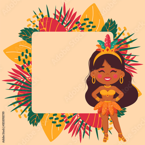 Brazil carnival poster with cute samba dancer, palm trees and space for text. Flat design for Brazilian party, parade and music dance celebration. Vector illustration