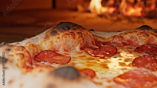 Pepperoni pizza baking in a wood fired oven photography