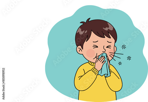 Young boy sneezing into a tissue due to cold or allergy.