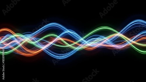 Vibrant multicolored glowing neon light trails forming wave patterns against a black background. Perfect for presentations, technology visuals, and digital designs.