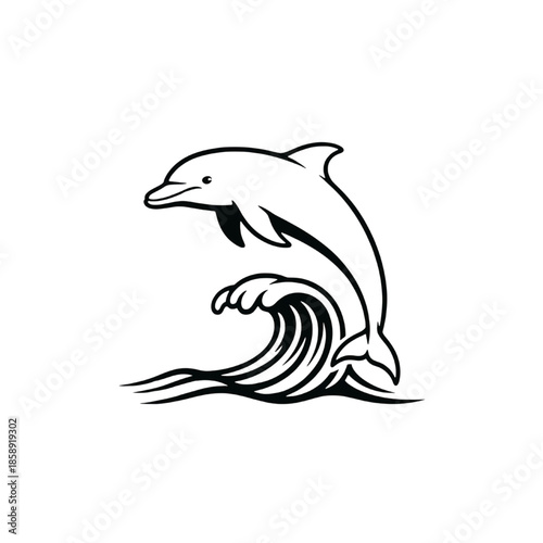 minimalist dolphin jumping over ocean wave line art illustration