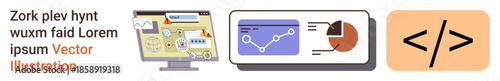 Business analytics, web development, coding education, tech solutions, marketing, interface design. Displays charts, graphs and coding symbols. Business analytics and web development concept