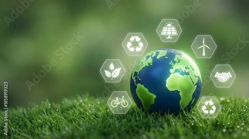 Green earth on fresh grass with sustainability and recycling icons, eco friendly environment concept illustrating renewable energy, climate action, and nature protection future