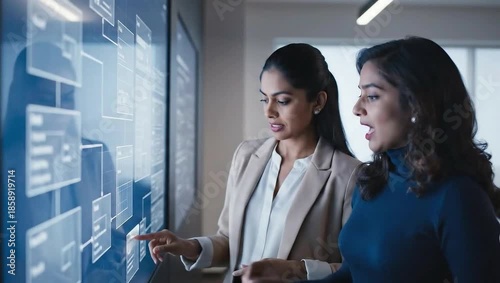 Businesswomen collaborating on digital flowchart with interactive screen technology in modern office.