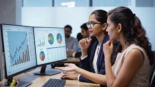 Professional women analyzing business data on dual monitors, discussing financial charts and market trends in a modern office.