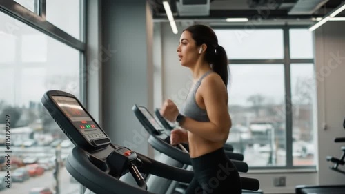 A woman in athletic wear running on a treadmill in a gym with large windows. Perfect for fitness, exercise, and sports marketing content.
