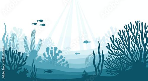 A serene vector illustration depicts a tranquil underwater scene with sunlight filtering through the water, illuminating coral reefs and marine life in a peaceful environment.
