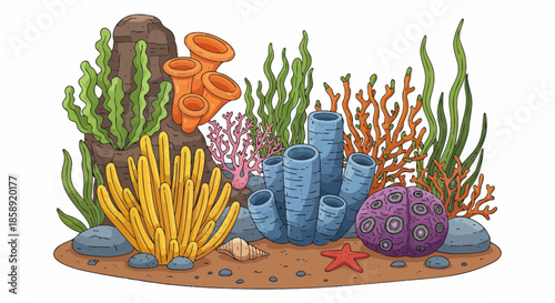 A vibrant vector illustration showcases a colorful underwater scene, featuring diverse coral, seaweed, and marine life elements, perfect for educational and decorative purposes, all set against a