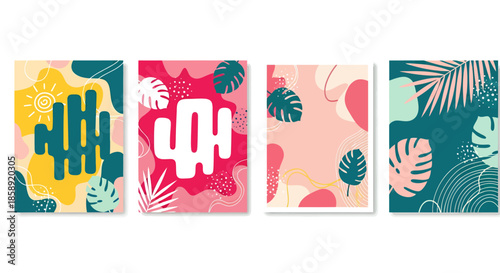A vibrant collection of four modern abstract vector backgrounds, showcasing colorful organic shapes, tropical foliage, and summer elements, ideal for creative graphic design.