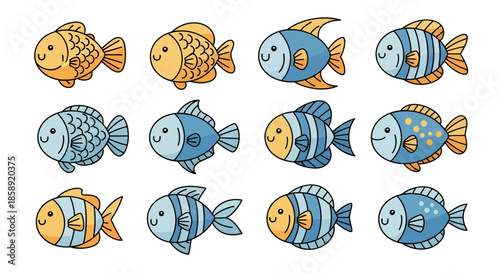 A delightful vector illustration features a collection of charming cartoon fish, showcasing a variety of vibrant colors and patterns, perfect for educational or decorative purposes, set against a