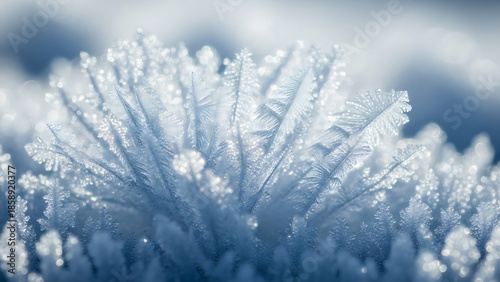 Delicate frost crystals sparkling in morning light on winter landscape