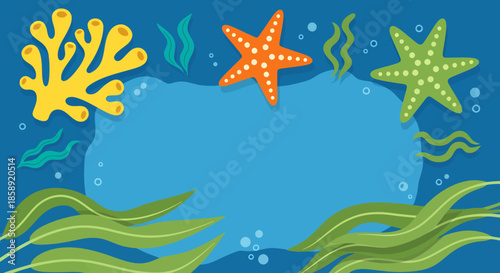 A vibrant vector illustration depicting a serene underwater scene with starfish, coral, and seaweed against a gradient blue background, perfect for a marine-themed design.