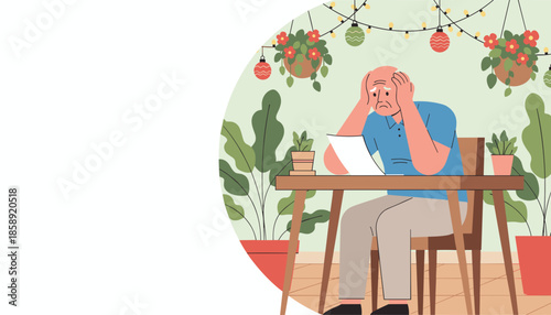 Worried senior man reading document on patio overwhelmed by financial problems or bills