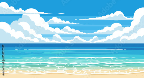 A calm sea illustration with gentle waves lapping on a sandy beach under a bright blue sky filled with fluffy white clouds, presented in a vector style.