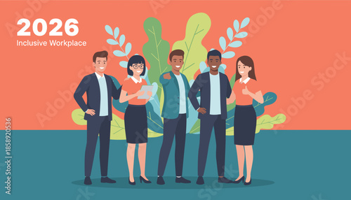 Diverse professionals illustrating the 2026 Inclusive Workplace concept Teamwork success and positive corporate culture