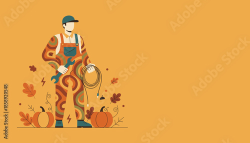 Fall maintenance man illustration holding wrench and cable next to pumpkins and autumn leaves