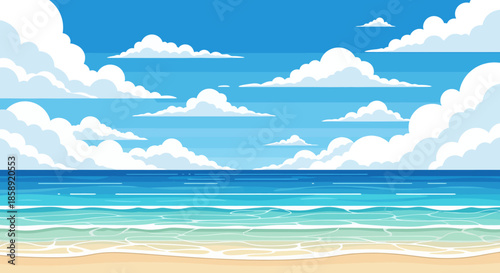 A vibrant vector illustration captures the essence of a serene beach scene, depicting the vast ocean under a bright blue sky filled with fluffy white clouds, perfect for summer themes.
