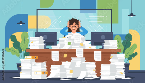 Stressed worker buried in paperwork Huge office workload burnout and emotional pressure concept