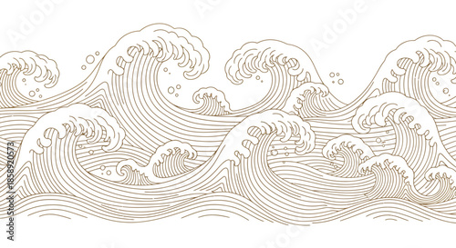 Seamless vector background illustration depicting stylized sea waves with detailed line work, perfect for nautical themes and designs requiring an ocean-inspired aesthetic.