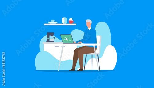 Mature man works on a laptop at home symbolizing remote work digital business and modern lifestyle