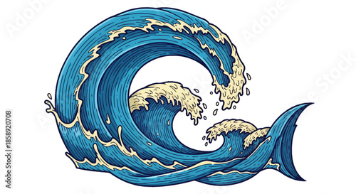 A detailed vector illustration of a stylized ocean wave, showcasing swirling water and foam against a clean white background, perfect for design elements.