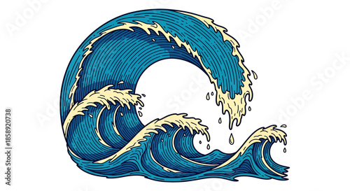 A majestic and powerful ocean wave with detailed foamy crests, beautifully rendered in a vintage vector art style, creating a dynamic sea background.