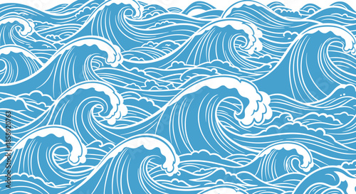 A vibrant vector illustration showcases stylized ocean waves in shades of blue, creating a dynamic and visually appealing background for various design projects and artistic endeavors.