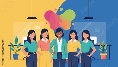 Empowered diverse team of professional women collaborating in a colorful modern office