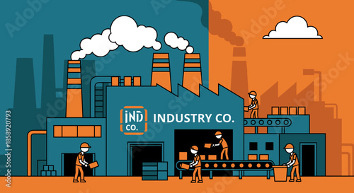 Industrial factory production line vector illustration Workers manage manufacturing process with smokestacks