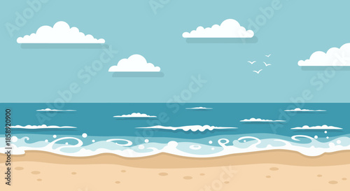 A serene vector illustration of a sunny beach scene with gentle waves lapping the shore, fluffy clouds in the sky, and birds flying above the sea.