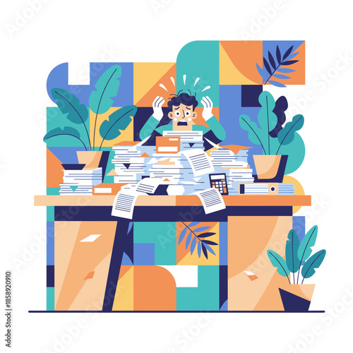 Overworked person panicking under massive piles of documents and deadlines