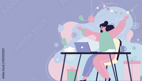 Remote worker celebrates holiday success and achievement at her decorated desk