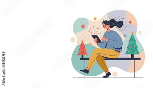 Stressed woman shopping online on a tablet during the holidays dealing with digital pressure and anxiety