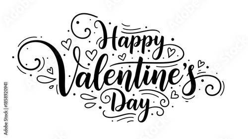 Elegant black and white calligraphy text that says Happy Valentine's Day with decorative swirls and hearts.