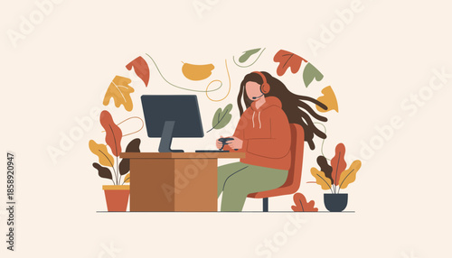 Casual gamer streaming or playing video games on PC at a desk with plants