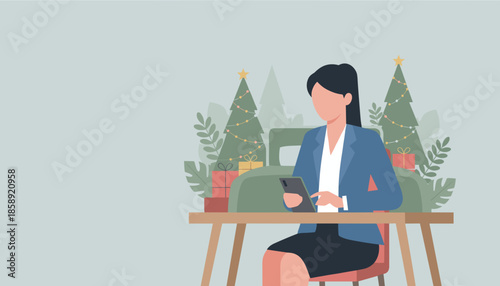 Professional woman using tablet multitasking during holiday season Christmas business digital shopping