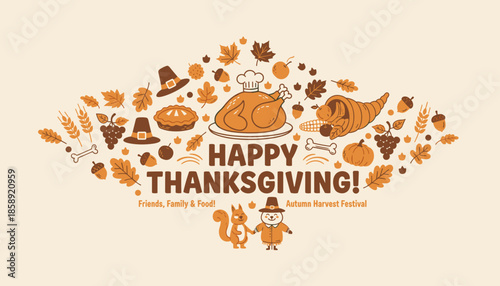 Autumn harvest festival illustration with roasted turkey pie cornucopia and Happy Thanksgiving text