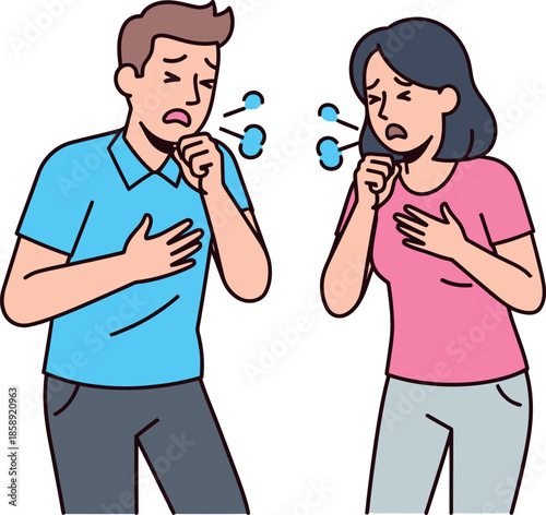 Man and woman coughing due to illness or allergy symptoms.